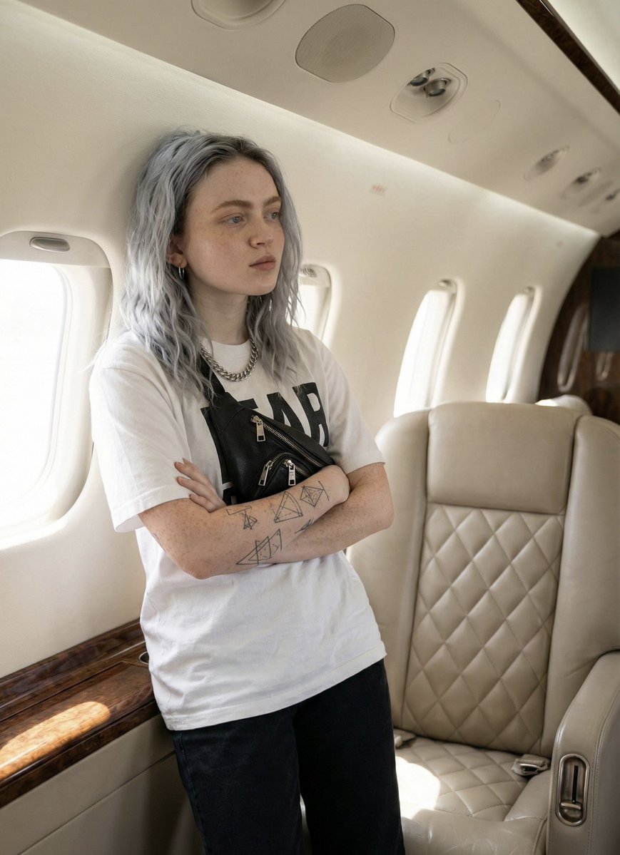 JSON Prompt for Edgy Portrait of Sadie Sink in Private Jet