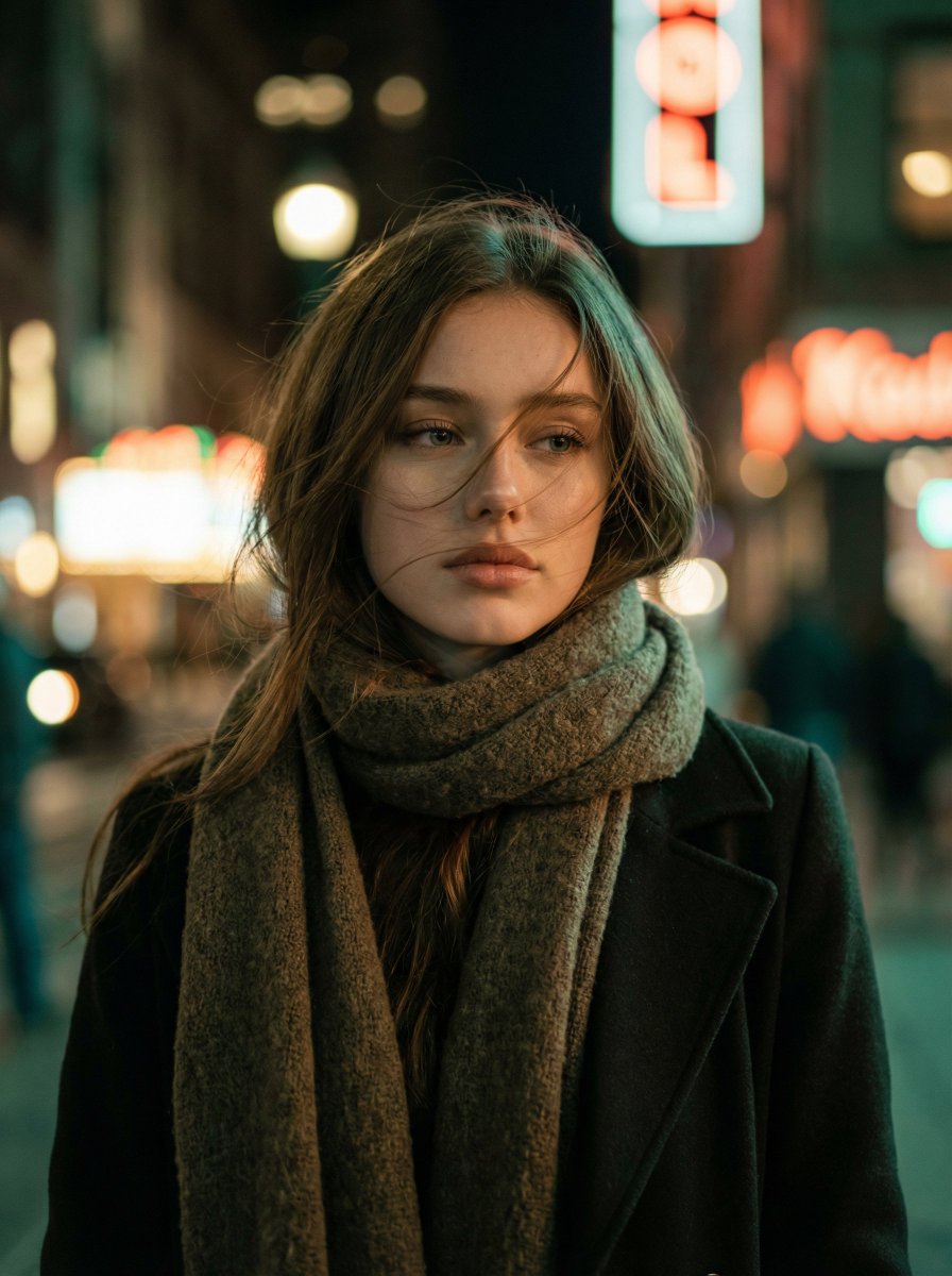 Cinematic Night Portrait of a Young Woman