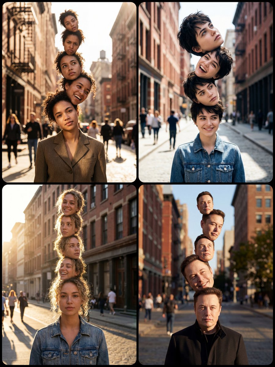 Surreal Portrait with Stacked Heads in City Street