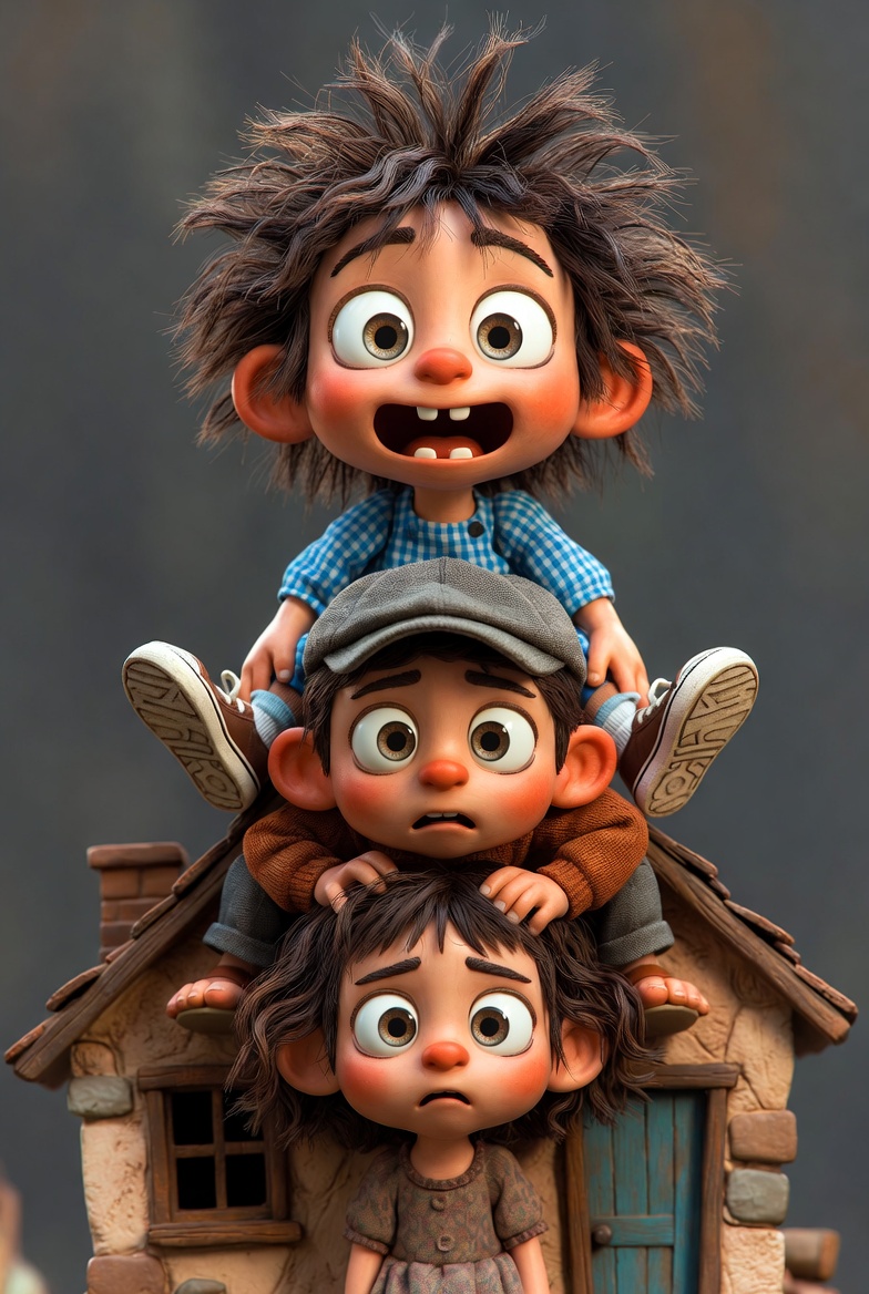 Whimsical 3D Clay Sculpture of Stacked Children Prompt 2