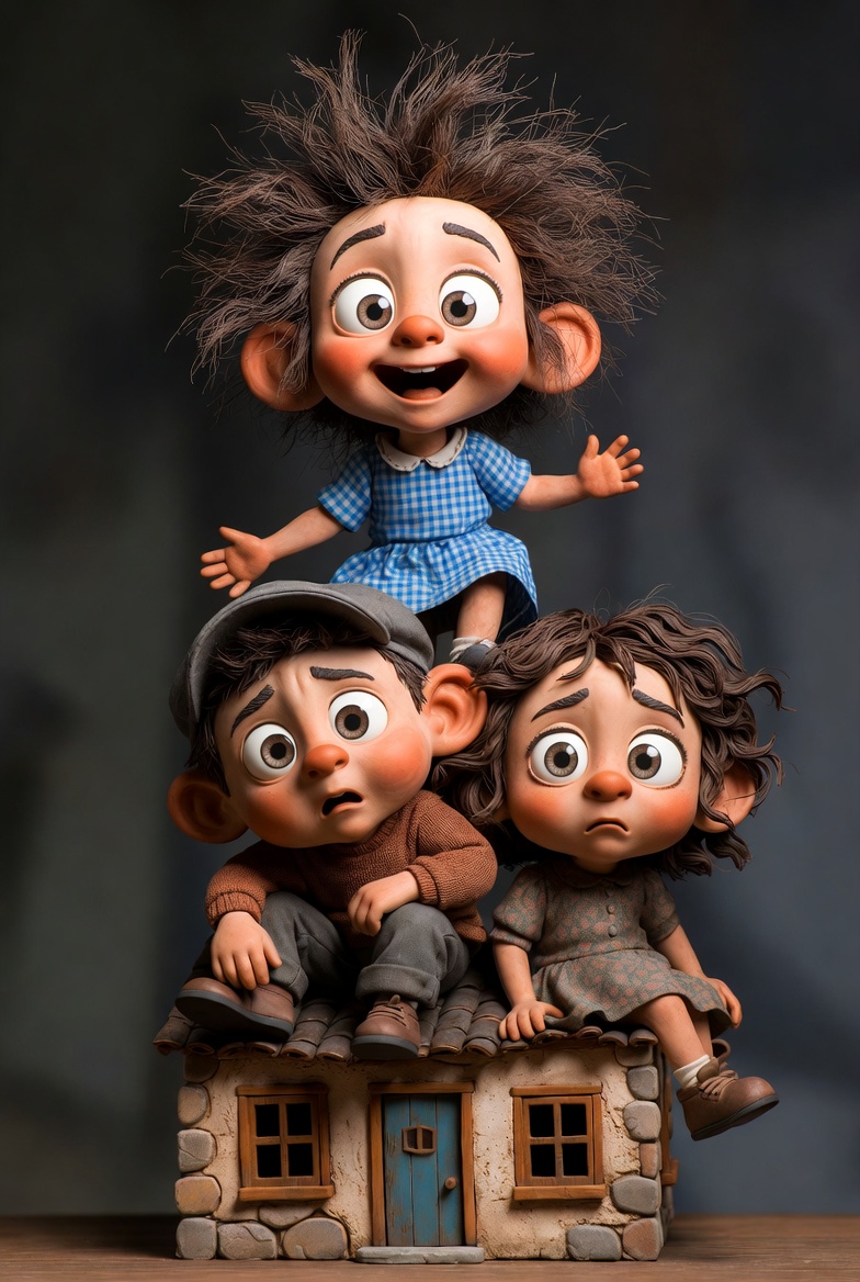 Whimsical 3D Clay Sculpture of Stacked Children Prompt