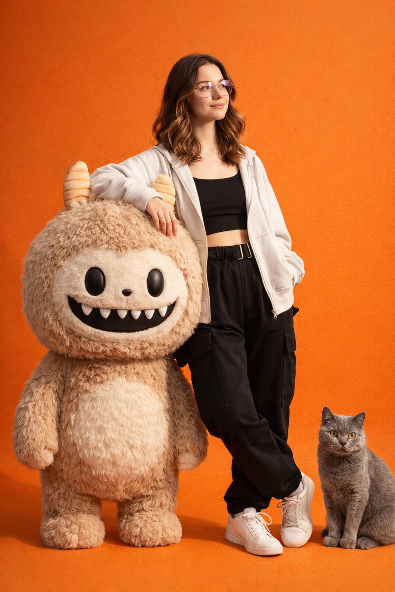 Gen-Z Fashion Portrait with Labubu and Cat Prompt