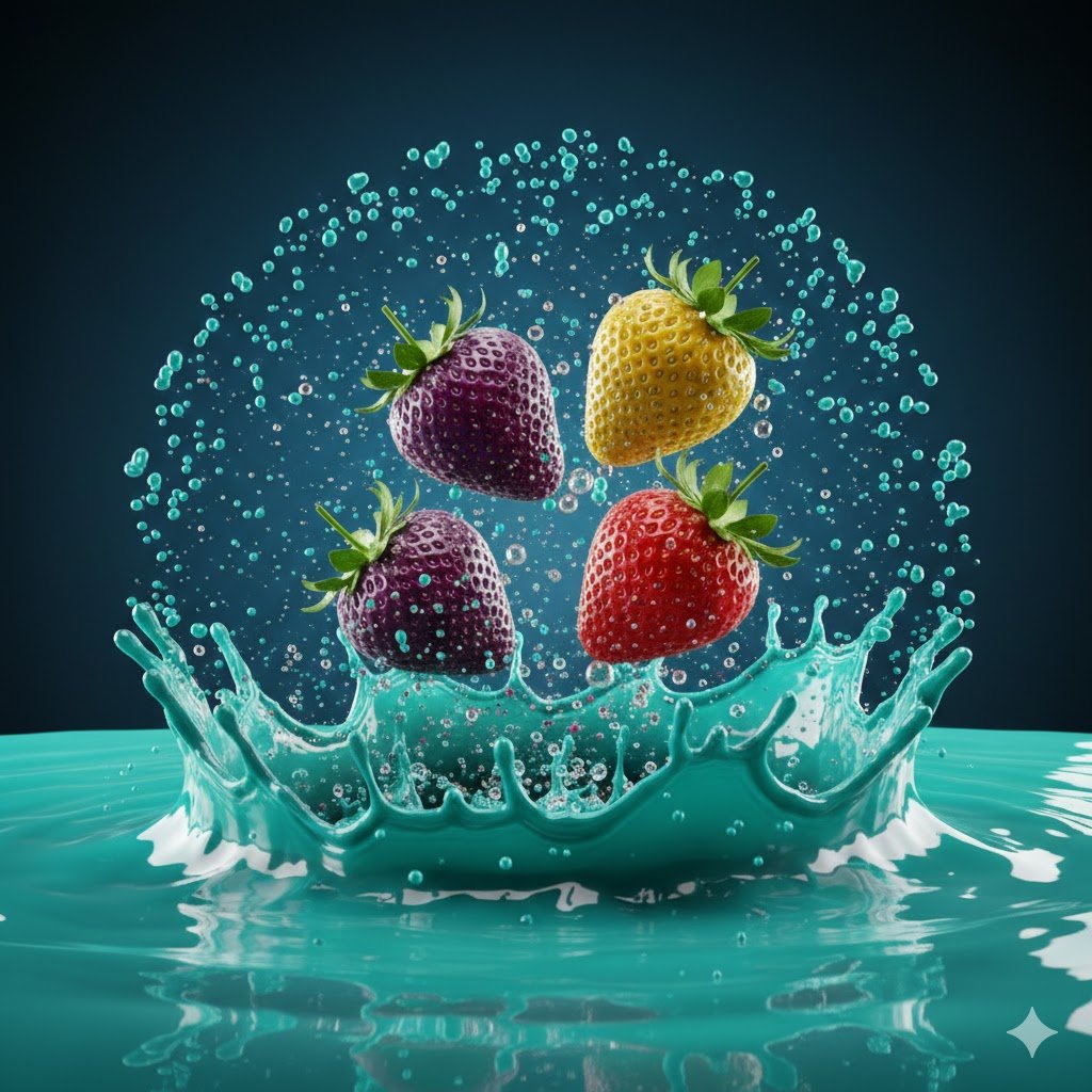 Hyper-realistic Strawberries Splashing in Liquid Prompt