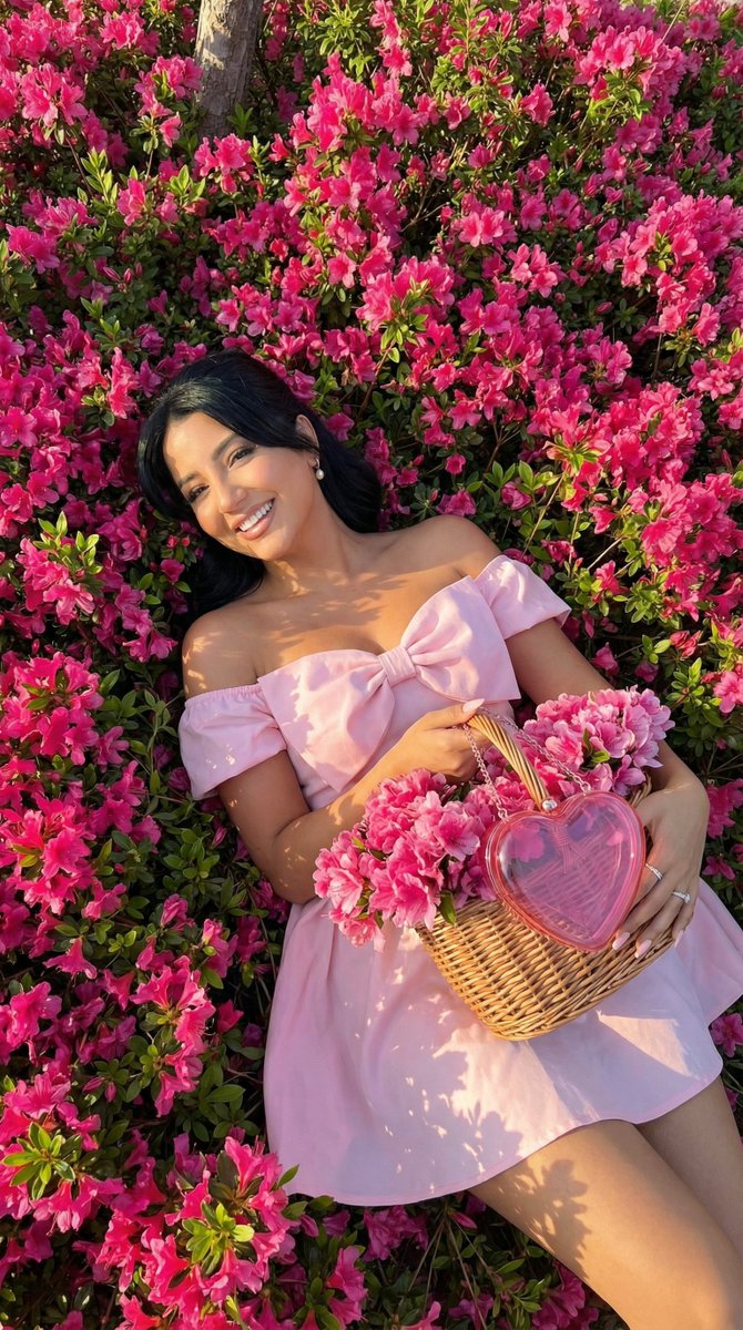 Overhead Romantic Fashion Editorial in a Flower Field
