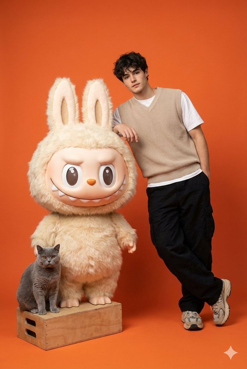 Gen-Z Streetwear Model with Labubu and British Shorthair