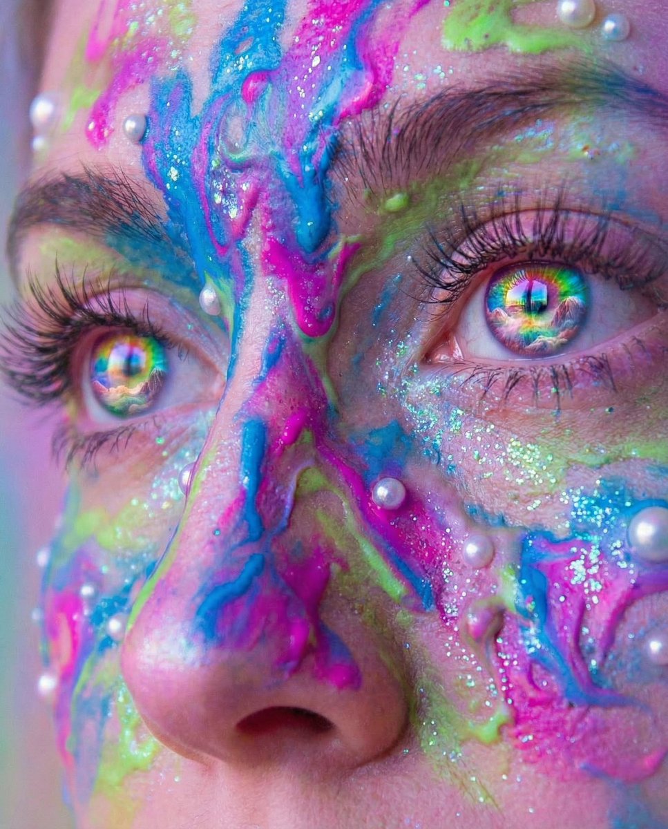 Surreal Portrait with Rainbow Irises and Melted Paint