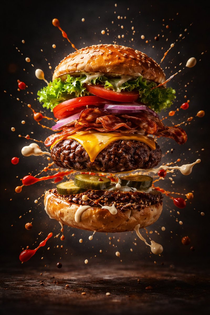 Cinematic Gourmet Burger Explosion Prompt (Code Style) 2