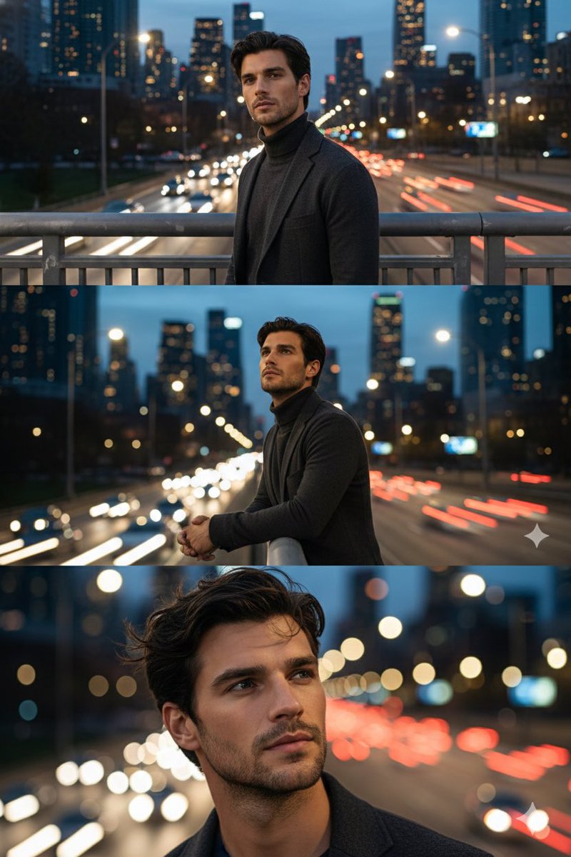 Cinematic Triptych Portrait on a Night Bridge