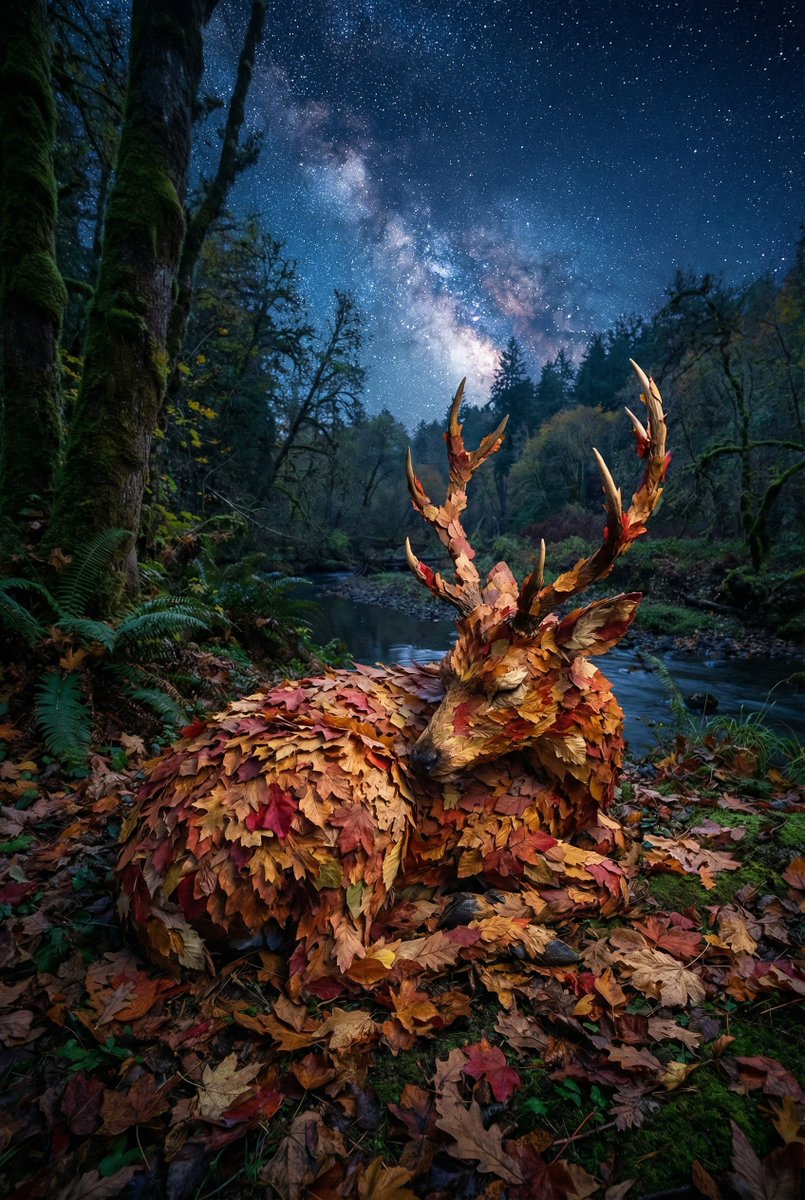Surreal Deer Made of Autumn Leaves
