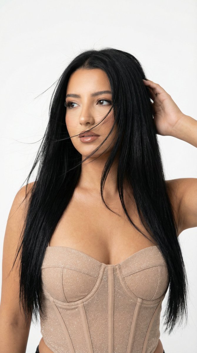 High-Key Studio Beauty Portrait (Wind Hair, Nude Corset)