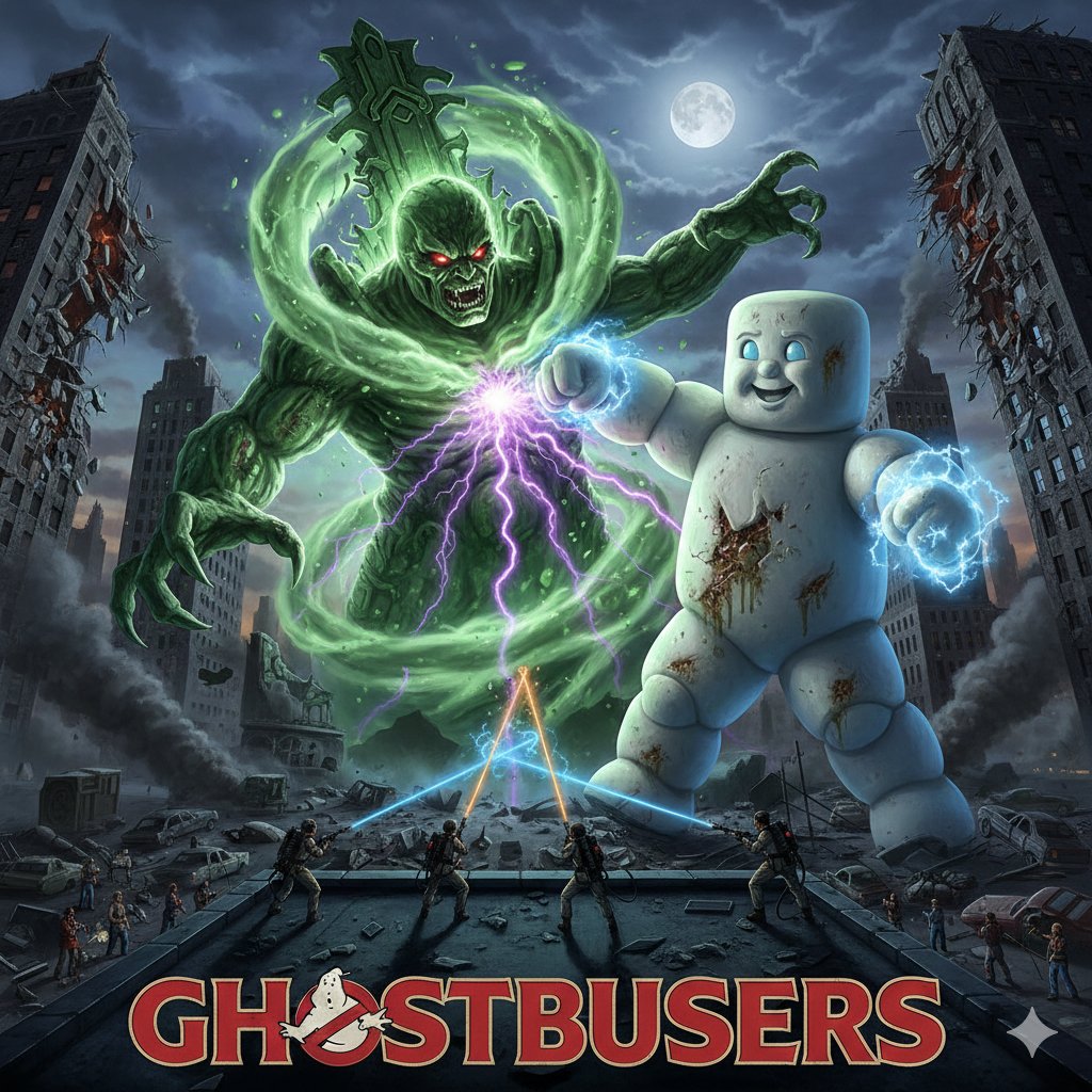 Generate Ghostbusters Scene with Gozer and Stay Puft