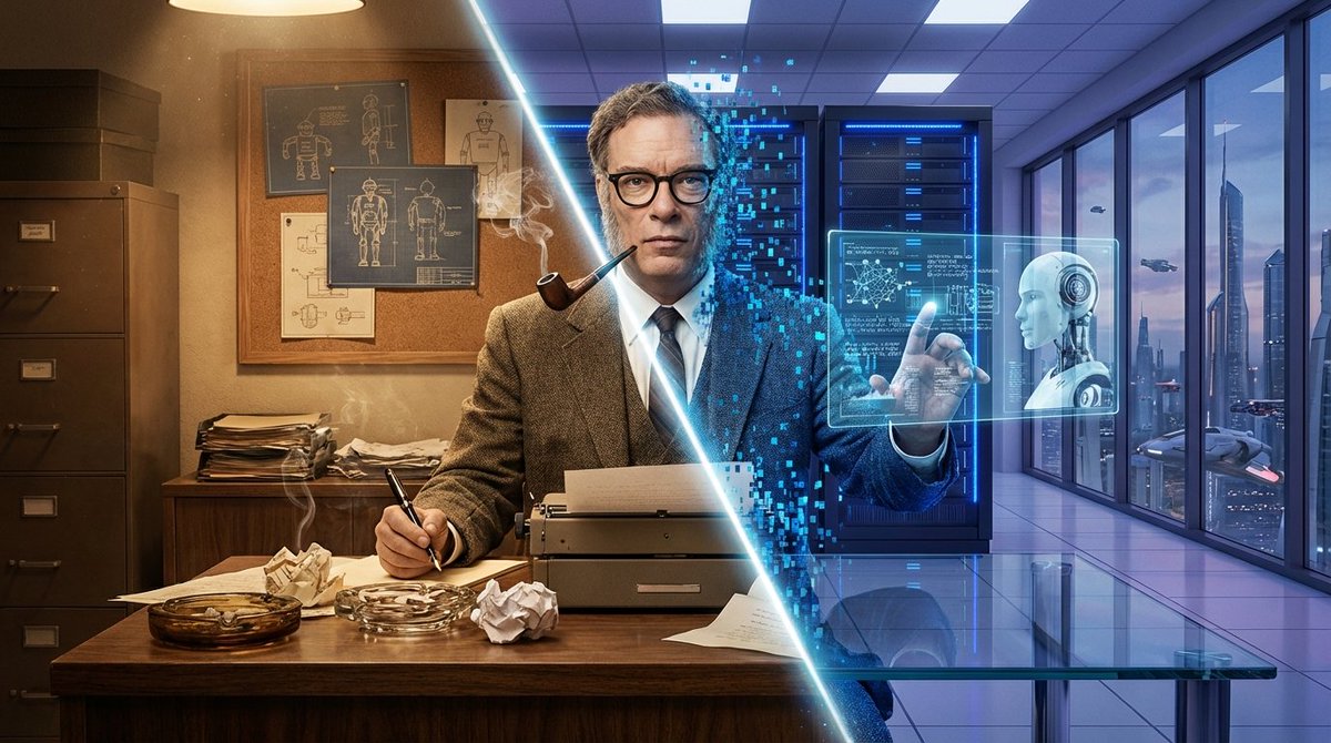 Asimov Visionary Split-Scene Concept Art Prompt 3