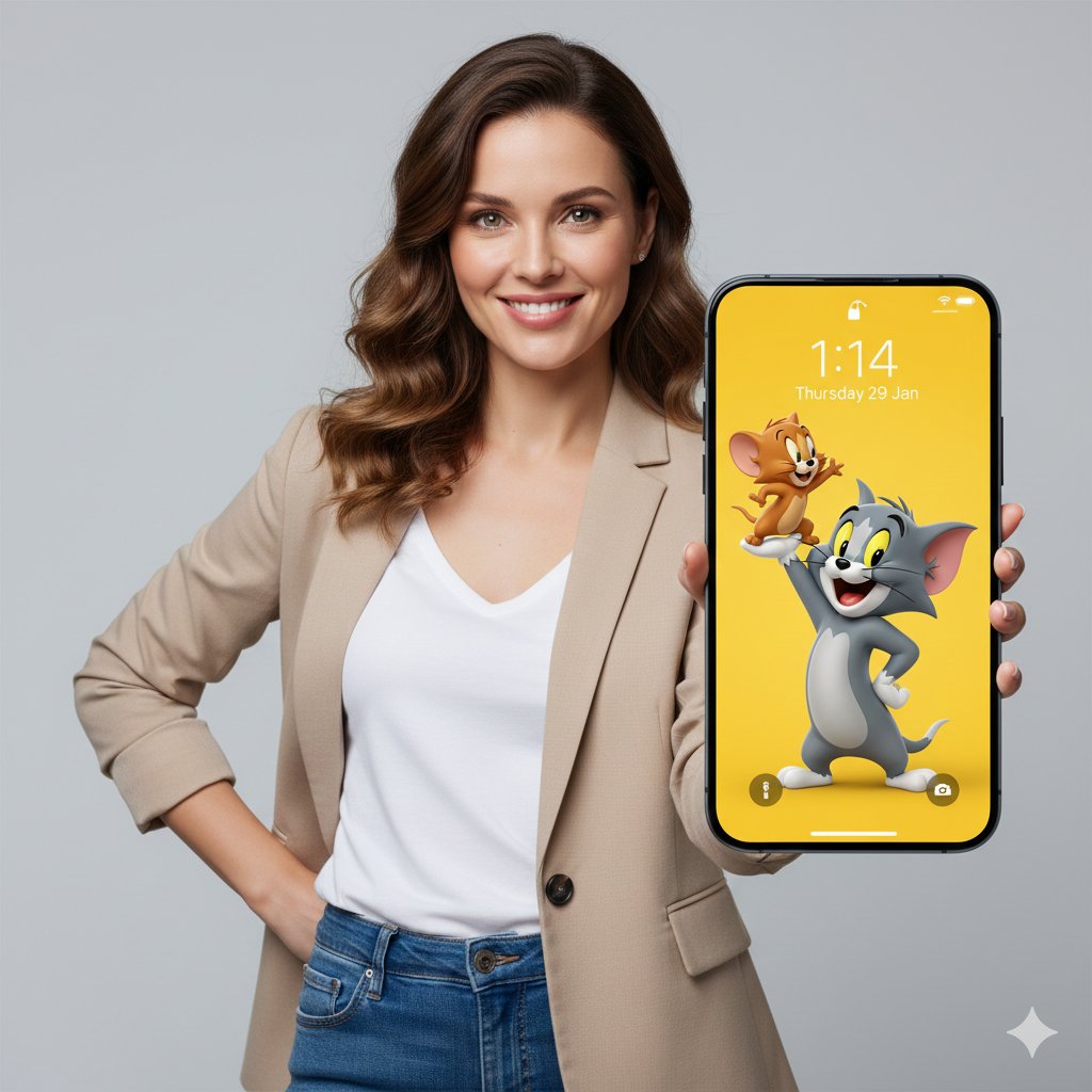 3D Tom and Jerry Wallpaper with Businesswoman Ad