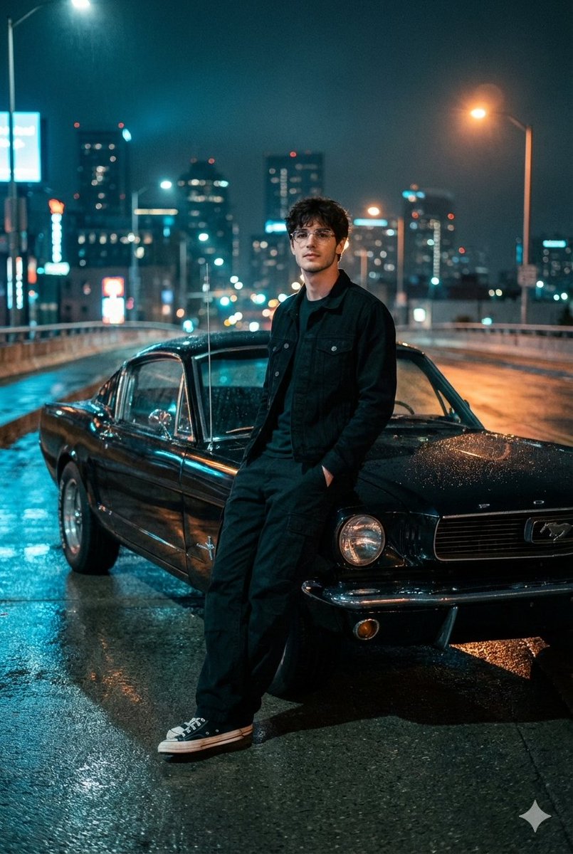 Cinematic Night Photo with 1960s Mustang