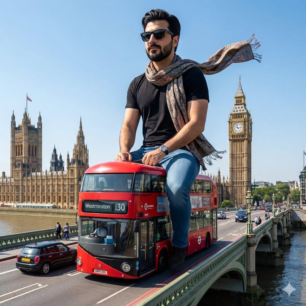 Surreal Giant Man Riding Miniature London Bus