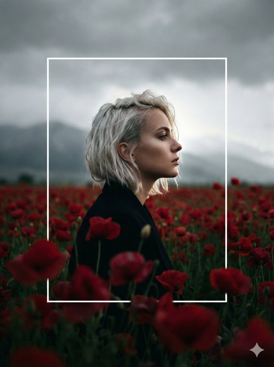 Cinematic Profile Portrait in Crimson Field with Frame Overlay