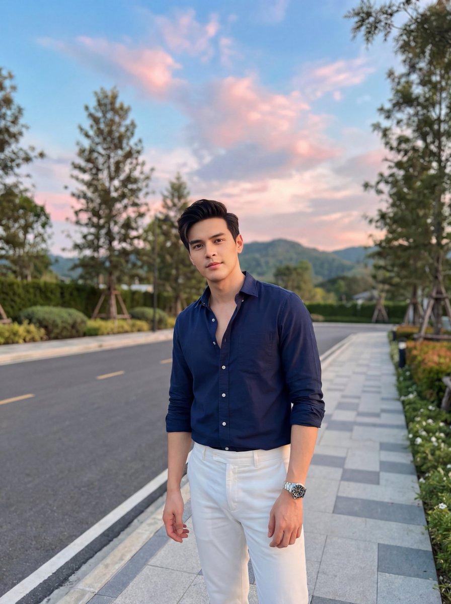 Stylish Man on Sidewalk at Sunset