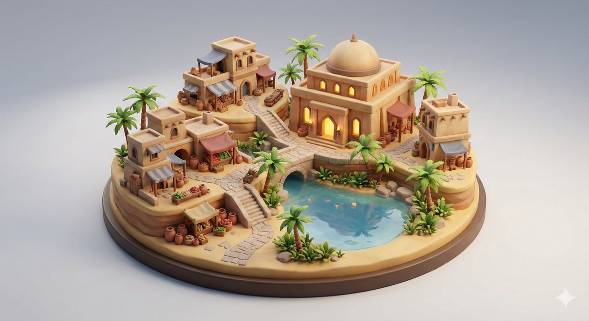 Collectible Miniature Diorama of a Developed Desert Oasis Settlement