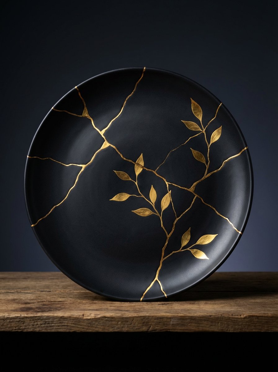 Kintsugi Black Ceramic Plate with Gold Decoration 2