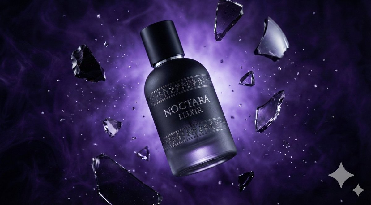 Matte Black Elixir Bottle with Purple Smoke Background