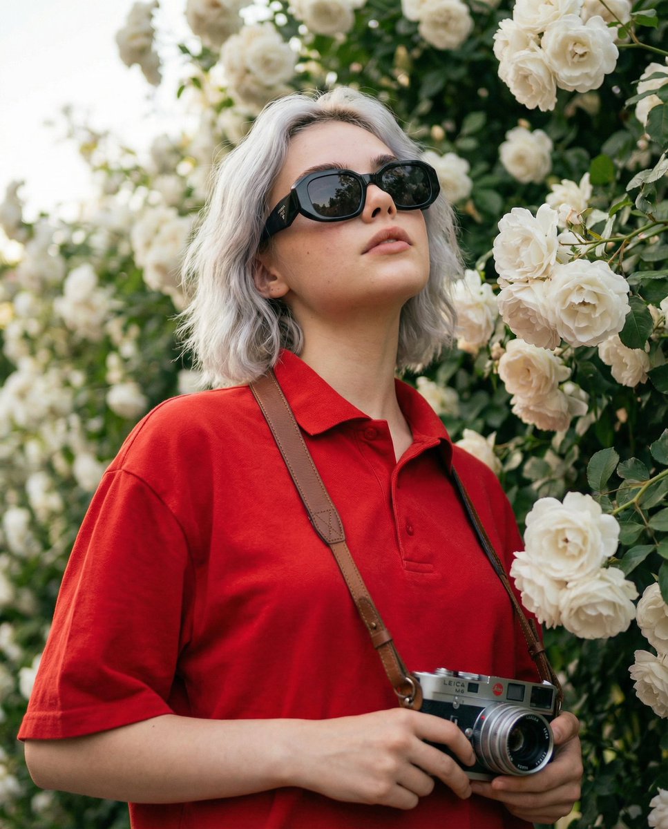 Ultra-Realistic Portrait with Vintage Camera and Flowers