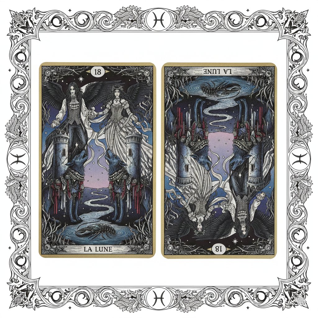 Nano Banana Pro Prompt: Tarot Card 18 (The Moon) with Mális Mizer and Pisces