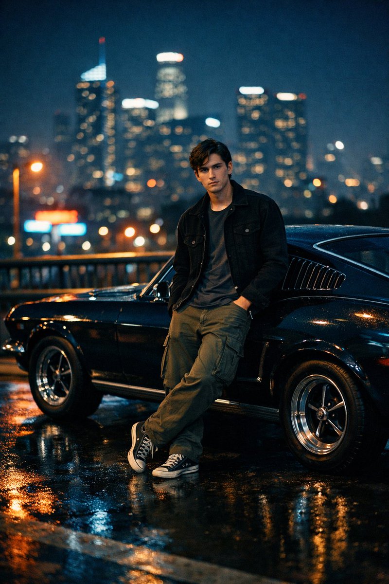 Cinematic Night Photo with Classic Mustang