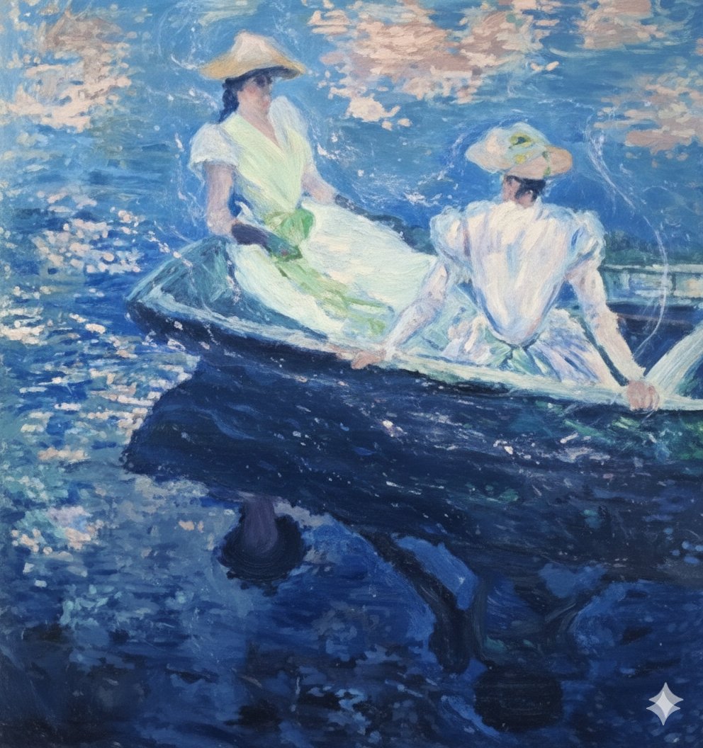 Image generation prompt for Nano Banana Pro: Monet's 'Boating' in an ethereal style