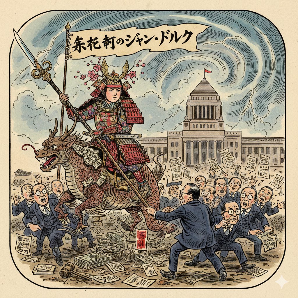 Image generation prompt for Nano Banana Pro: Caricature of Joan of Arc in Nagatacho