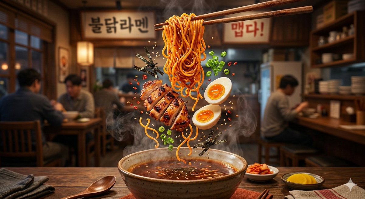 Cinematic Food Commercial Shot of Deconstructed Buldak Ramen