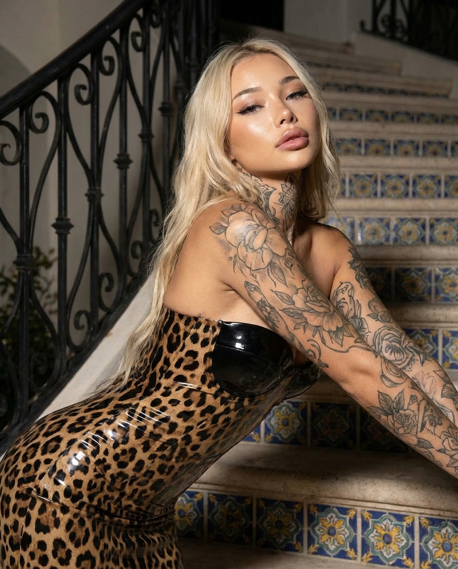 Sample output image for Glamorous Blonde Woman in Leopard Latex with Floral Tattoos