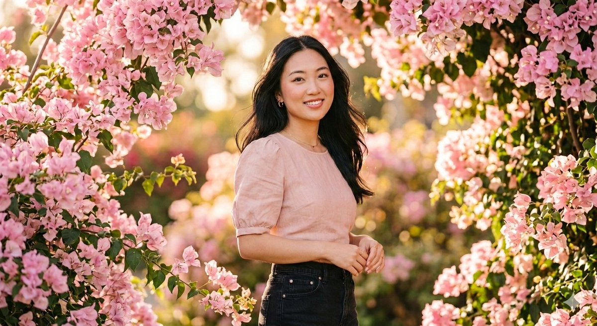 Ethereal 8K Portrait with Bougainvillea Blossoms Prompt