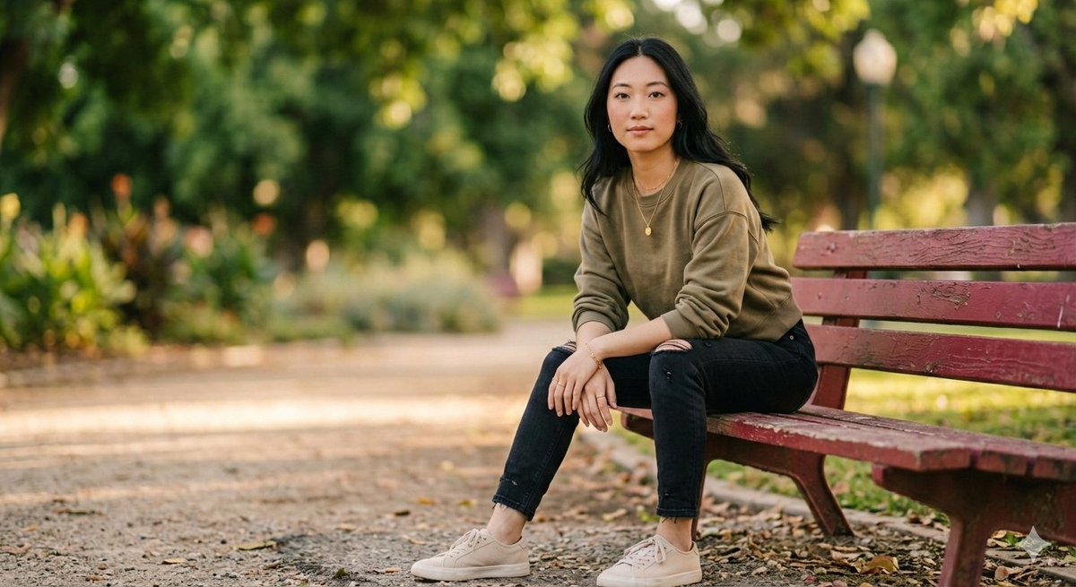 Fashionable Young Woman in Park Setting Prompt