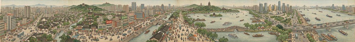 Panoramic Cityscape in Qingming Festival Scroll Style (8:1 Aspect Ratio) 2