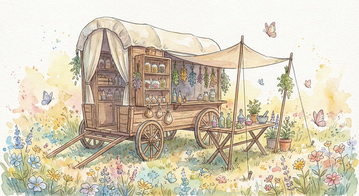 Fantasy Watercolor Herbalist Wagon