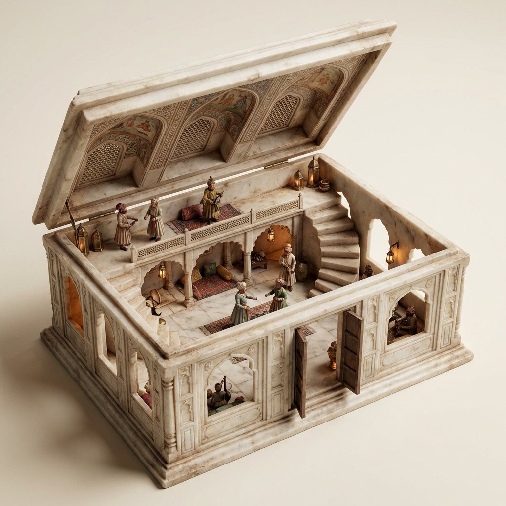 Ornate Box Diorama Master Prompt (Mughal Hall Interior)