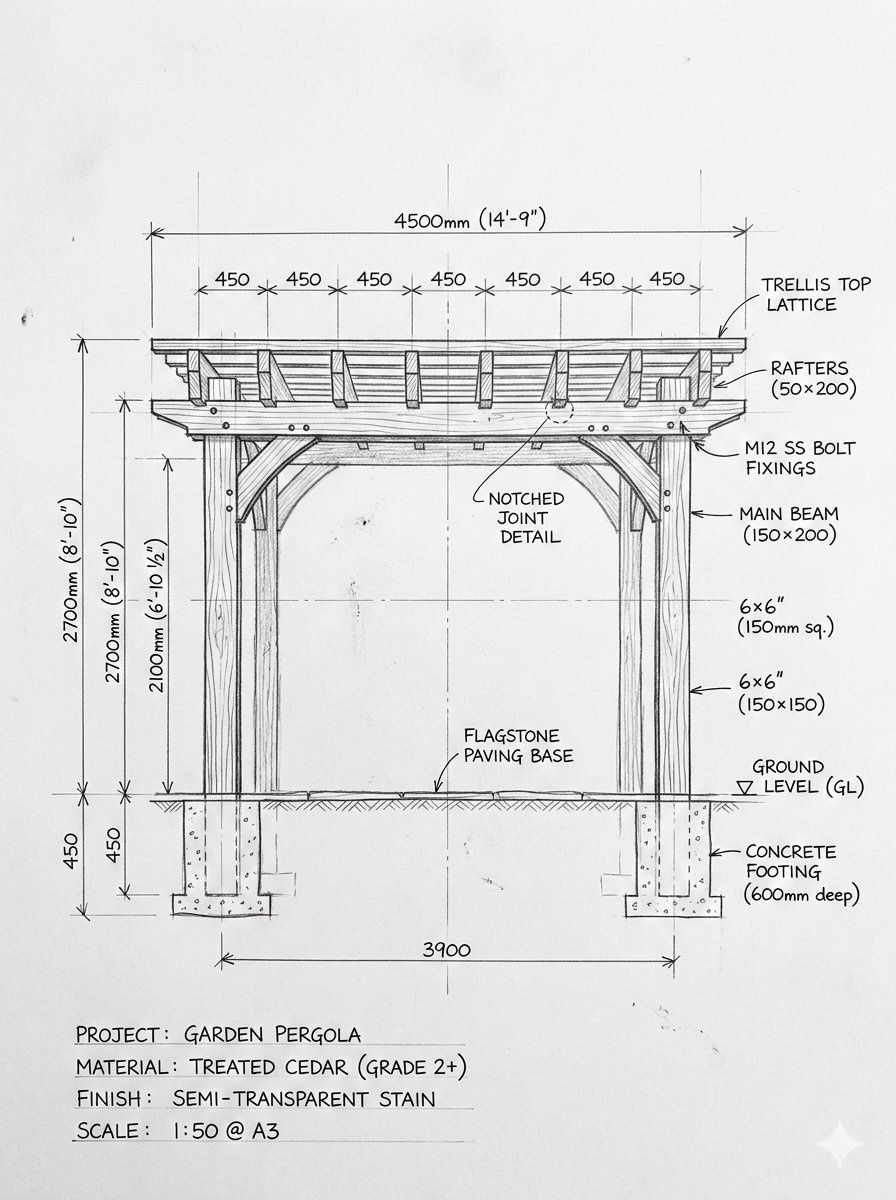 Pergola Blueprint to Photoreal Structure Prompt 2