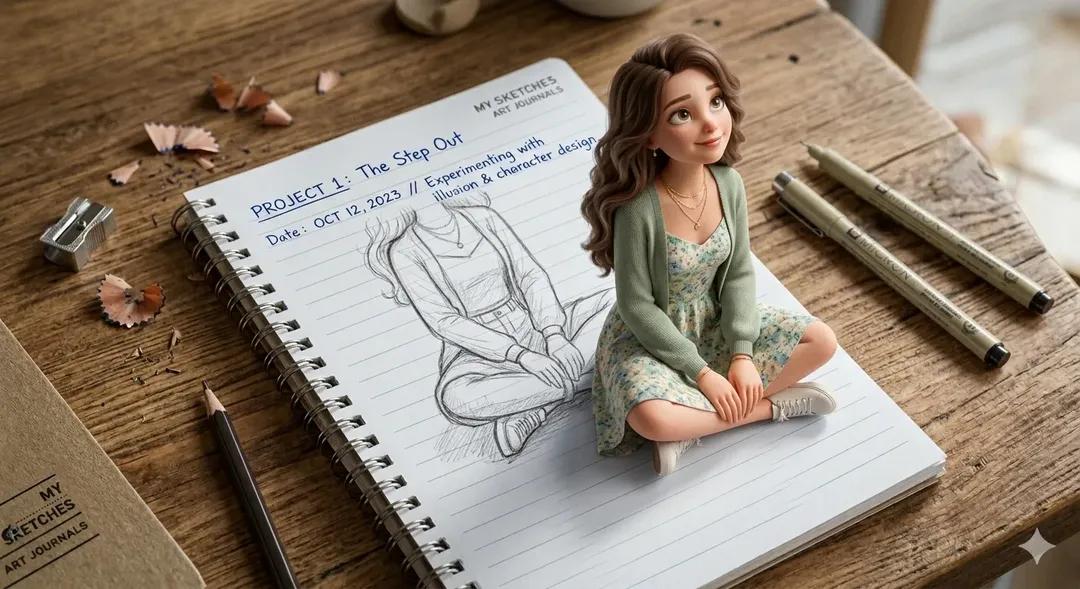 3D Pop-Out Illusion Artwork of a Girl from a Notebook