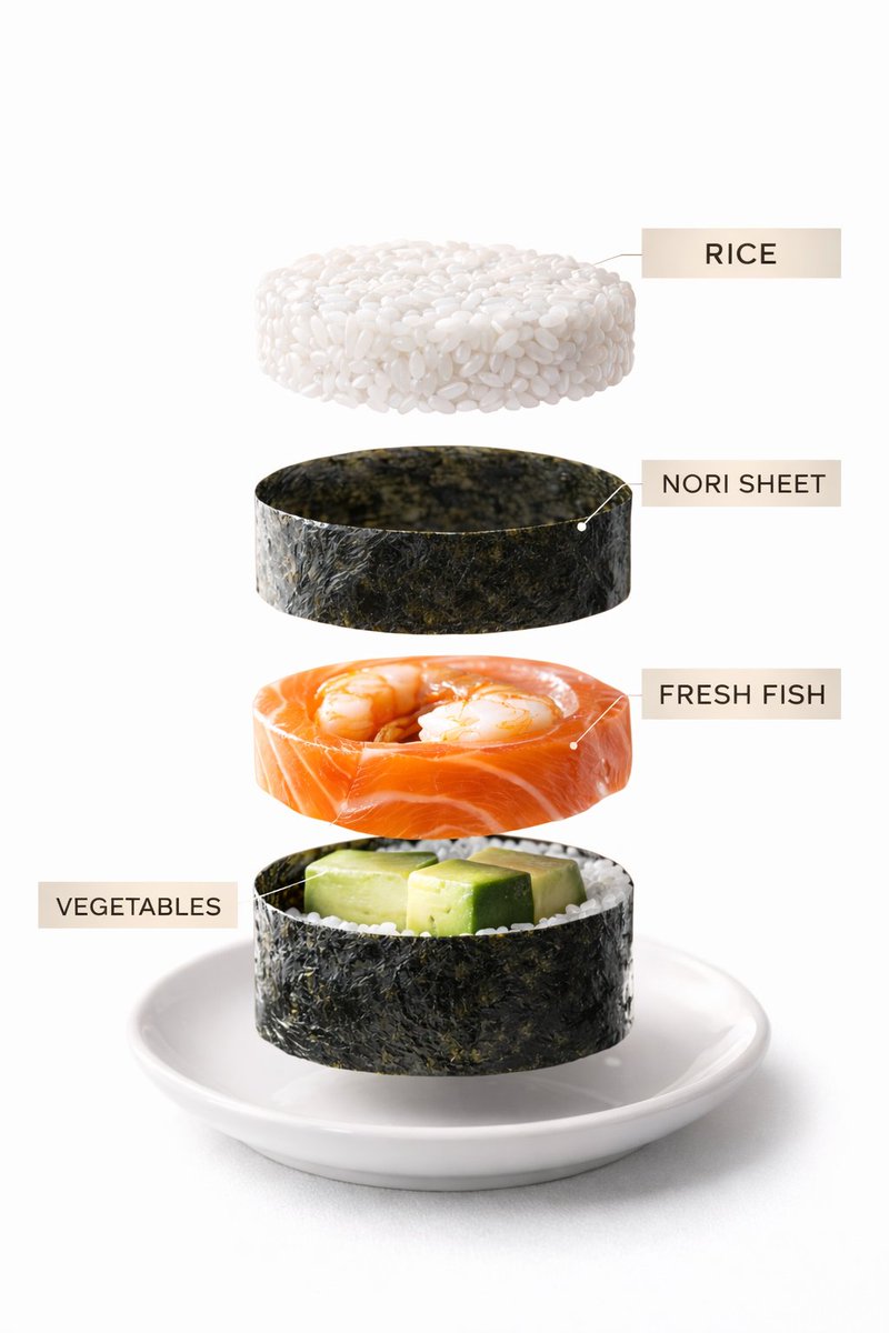50: Infographic / Edu Visual - Sushi Commercial Photography and Exploded Diagram Prompt