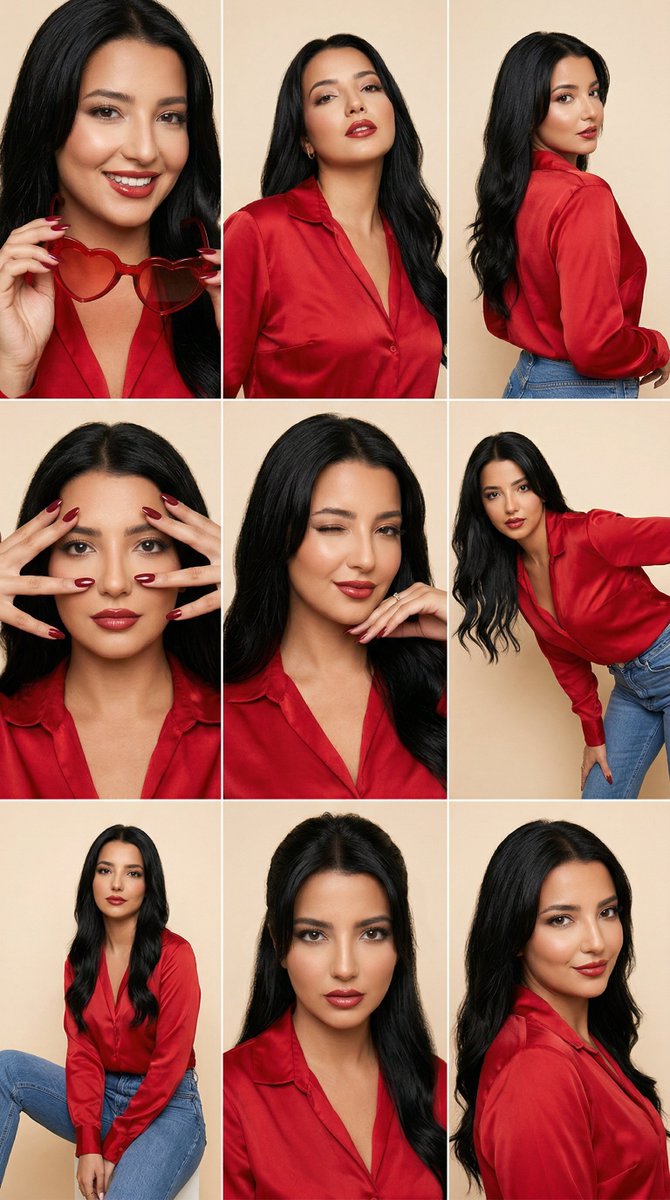 Fashion Editorial Grid Prompt (Red Satin Heart Glasses)