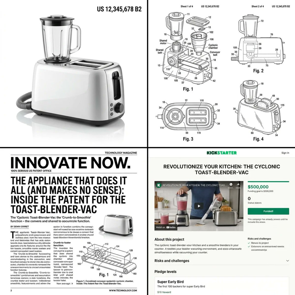 49: Infographic / Edu Visual - Multi-step prompt for generating absurd patent documents and product renders