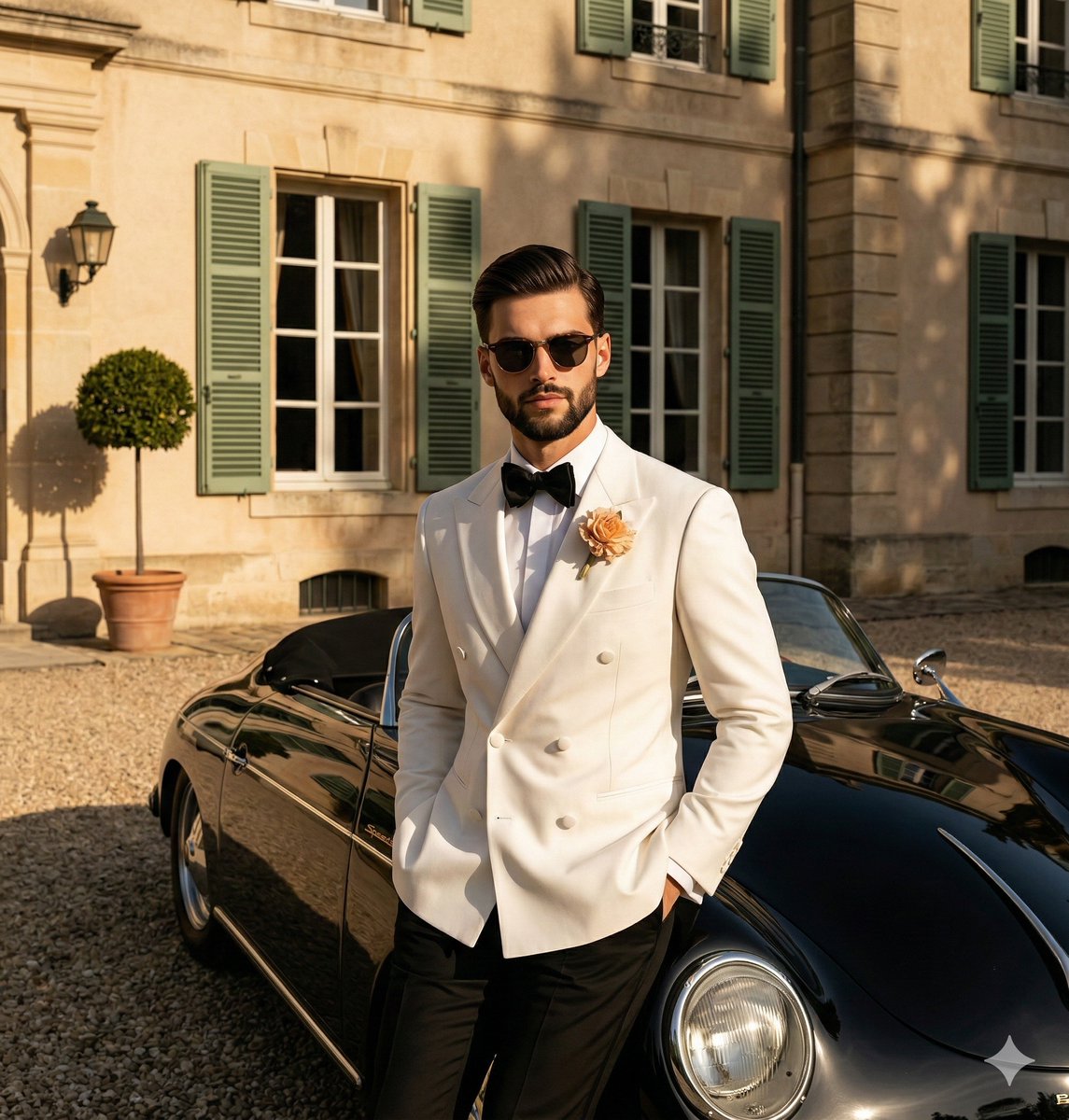 High-Contrast Editorial Portrait Prompt (Car/Tuxedo)