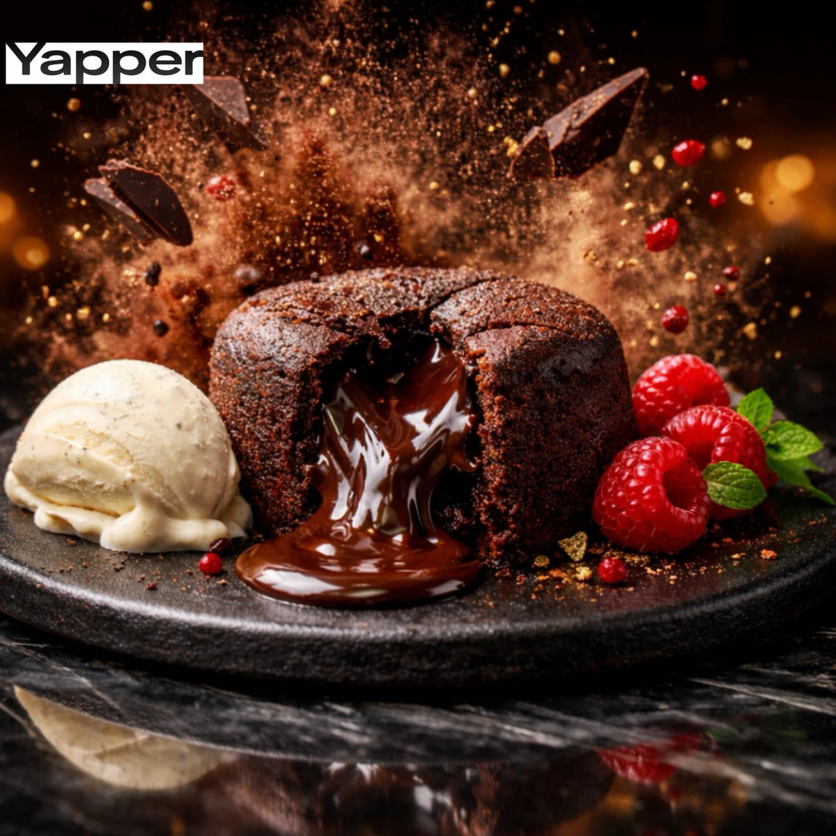 High-Speed Cinematic Luxury Dessert Photography Prompt (Molten Chocolate Lava Cake) 2