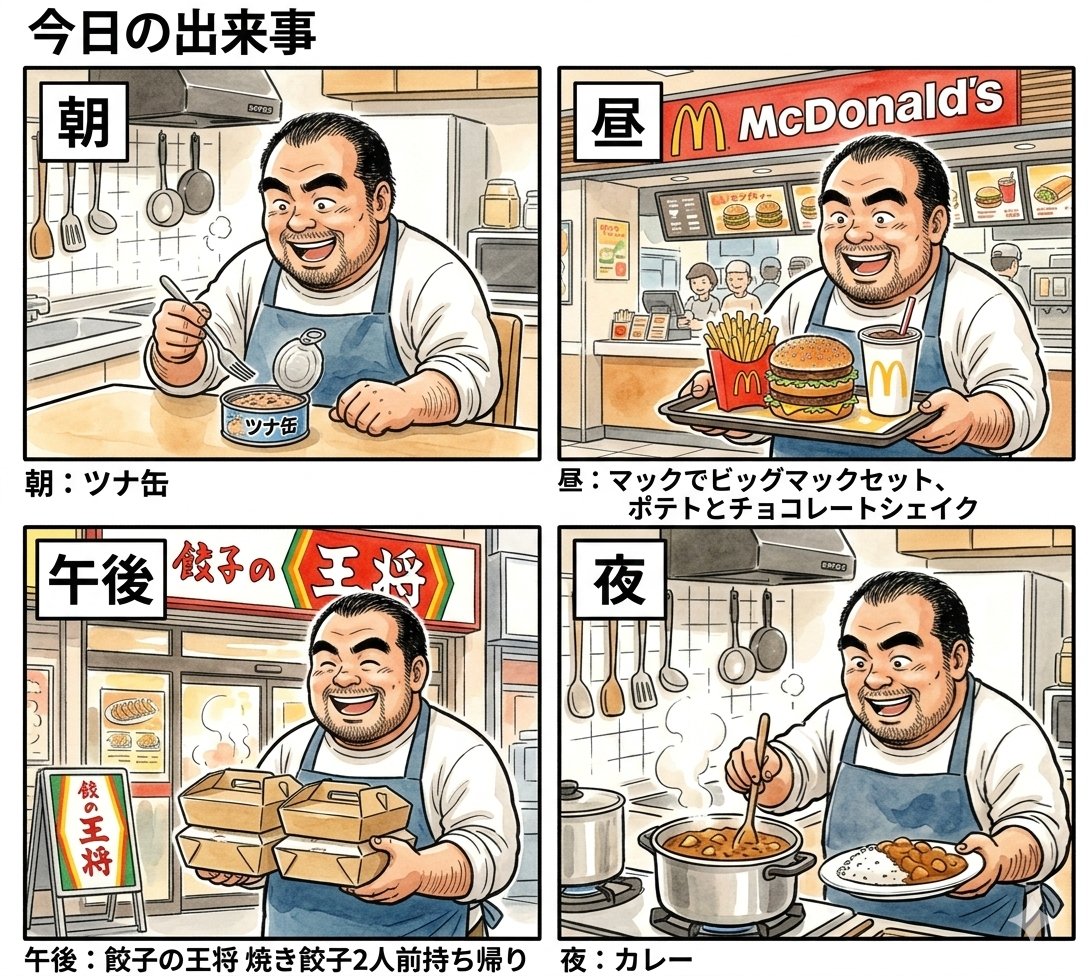 65: Comic / Storyboard - 4-Panel Manga Prompt: A Day's Meals