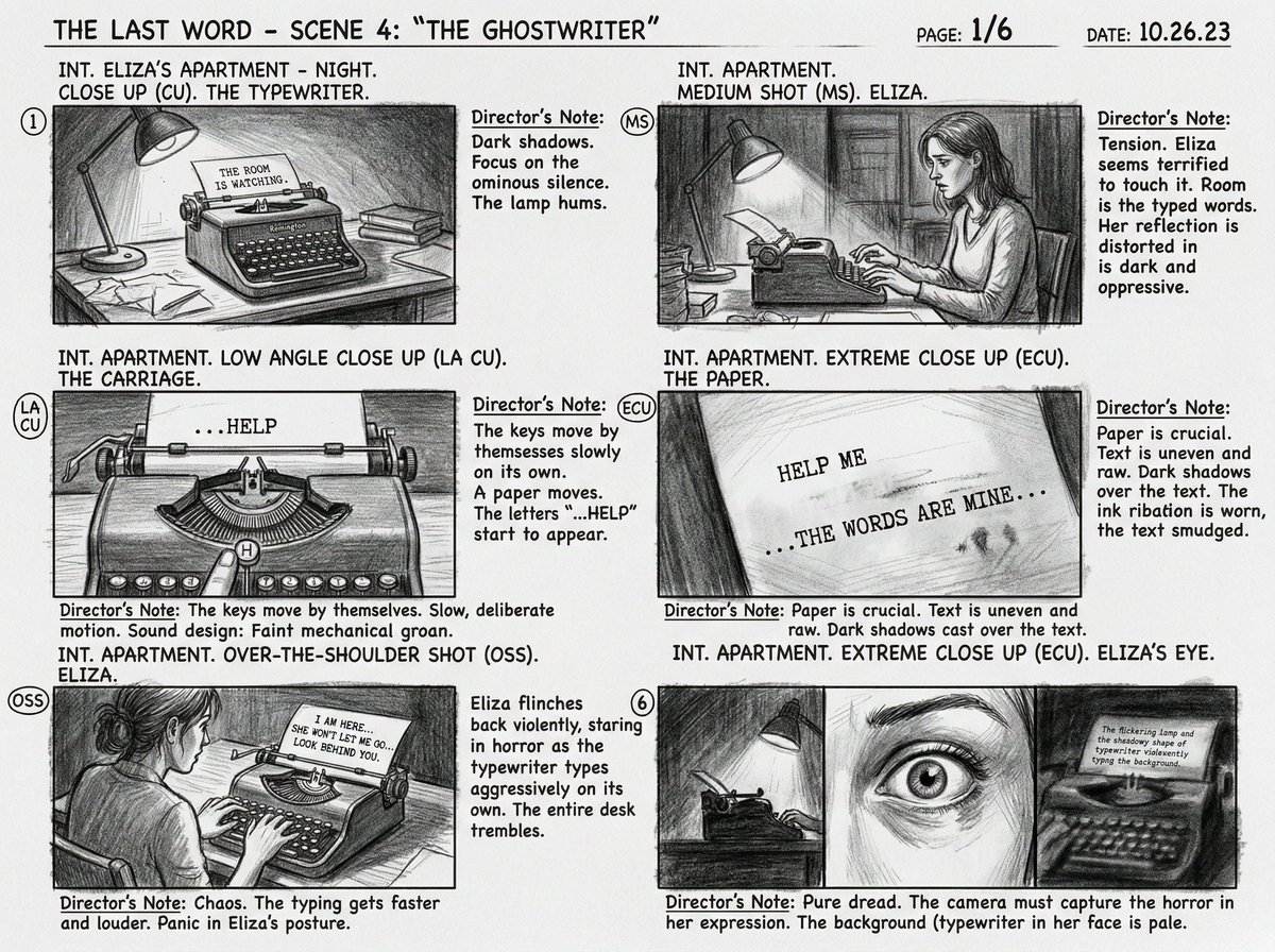 62: Comic / Storyboard - Six-Panel Cinematic Storyboard Sketch