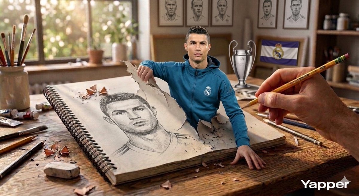 25: Social Media Post - Surreal 3D Art of Messi and Ronaldo Emerging from a Sketchbook