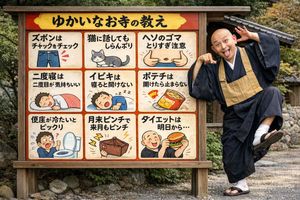 Humorous Temple Signboard with Goofy Monk – GPT Image 2 prompt by notargs