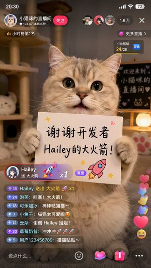 Cat Livestream UI Mockup – GPT Image 2 prompt by 开发者Hailey