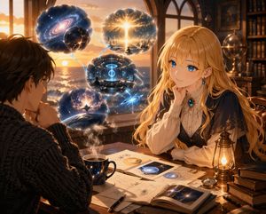 Anime Scholars with Cosmic Holograms – GPT Image 2 prompt by Ab.