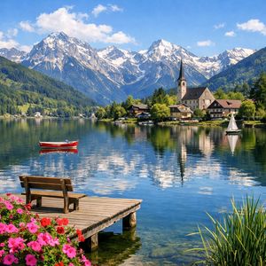 Idyllic Alpine Lake Village Landscape – GPT Image 2 prompt by AI Network Technology